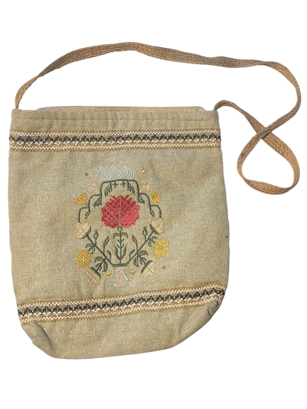 DUNYA Embroidered Floral Crossbody Bag Tan Boho Indie Shoulder Purse Vintage